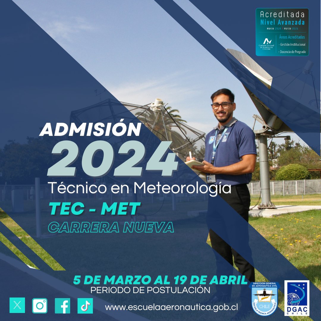 Esc_Aeronautica's tweet photo. Recuerda que hasta el 19 de abril estará abierto el proceso de Postulación de la carrera Técnico en Meteorología (TECMET), Postula con tu Clave Única en nuestra web.
#PostulaciónETA #Meteorología #TECMET #SSEI #METEO #EscuelaTecnicaAeronautica
@meteochile @dgacchile https://t.co/ditckF9IBV
