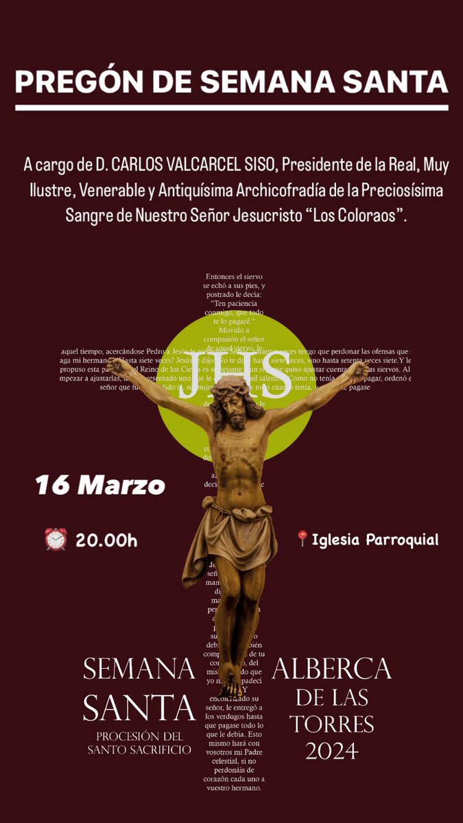 OS ESPERAMOS ESTE SÁBADO 16 AL PREGÓN DE SEMANA SANTA 2024. 

¡¡NO FALTÉIS!! 

#LaAlberca #Murcia