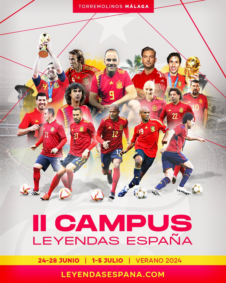 🔜⚽️El 𝗜𝗜 𝗖𝗮𝗺𝗽𝘂𝘀 #LeyendasEspaña de <a href="/Torremolinos_On/">Torremolinos Informa</a> (Málaga) vuelve este verano con más internacionales🔝de la <a href="/SEFutbol/">Selección Española Masculina de Fútbol</a> que nunca, con la dirección de <a href="/SBallesta9/">SalvaBallesta9</a>.✨

🗓️ 24-28 junio | 1-5 julio
🚨 ¡PLAZAS LIMITADAS! 
➕INFO:  leyendasespana.com/web/campus-mal…
 
#SomosEspaña 🇪🇸