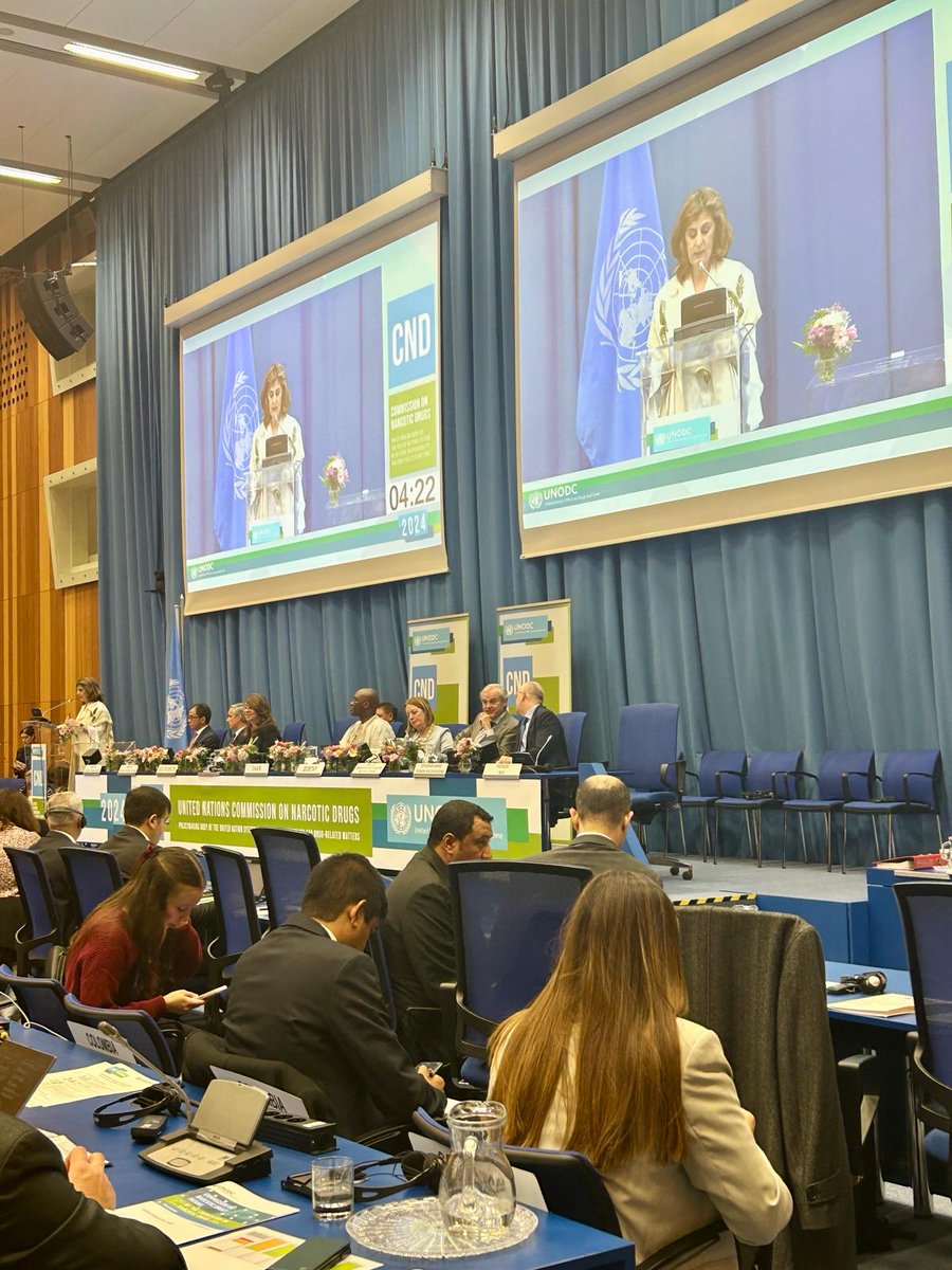 On behalf of the G-77 and China, the Chair @Lauraggils opened the list of speakers at the High-level segment of #CND67 today, highlighting international cooperation to counter the world drug problem. Read full statement here: tinyurl.com/G-77-CND