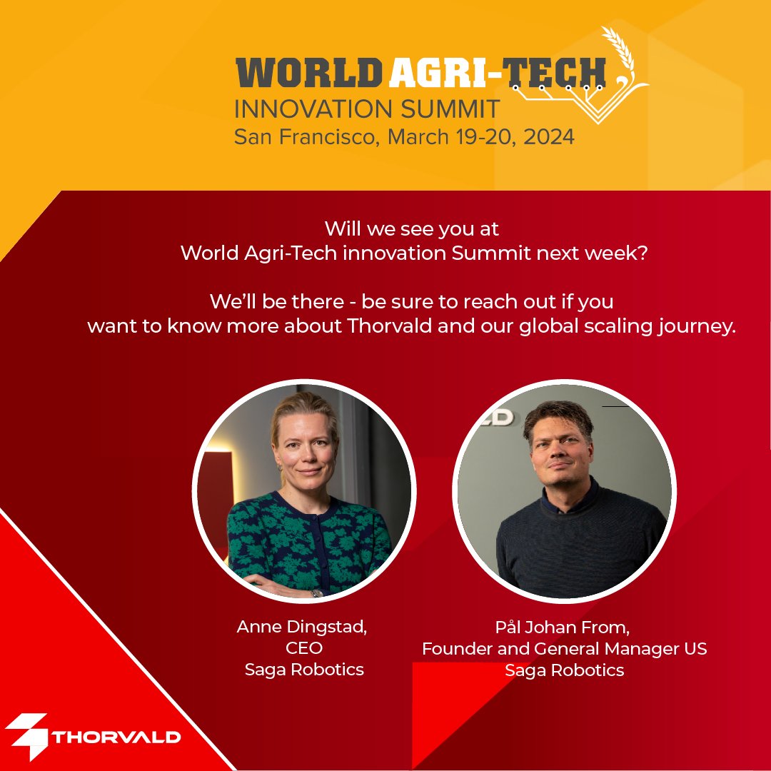 Saga Robotics (@sagarobotics) on Twitter photo CEO Anne Dingstad and Co-Founder & General Manager PΓ₯l Johan From will be attending the <a href="/WorldAgriTech/">World Agri-Tech</a> next week.
π Are you attending? Don't miss the chance to connect with us and learn more about Thorvald and how our technology drives efficiency and sustainability in farming CEO Anne Dingstad and Co-Founder & General Manager PΓ₯l Johan From will be attending the <a href="/WorldAgriTech/">World Agri-Tech</a> next week.
π Are you attending? Don't miss the chance to connect with us and learn more about Thorvald and how our technology drives efficiency and sustainability in farming