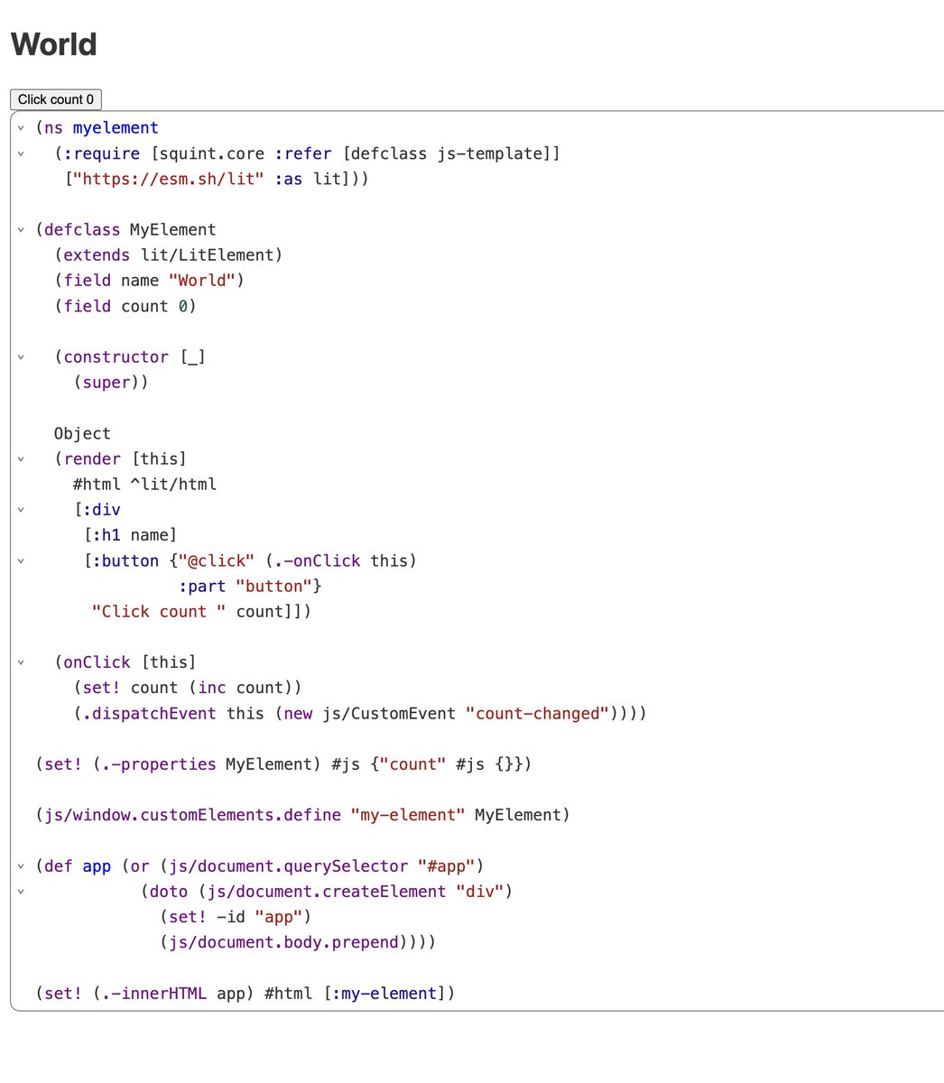 #squintcljs 0.7.96 is out with an awesome new feature: built-in support for producing HTML literals. It also works with lit/html! #clojure #clojurescript squint-cljs.github.io/squint/?src=KG…