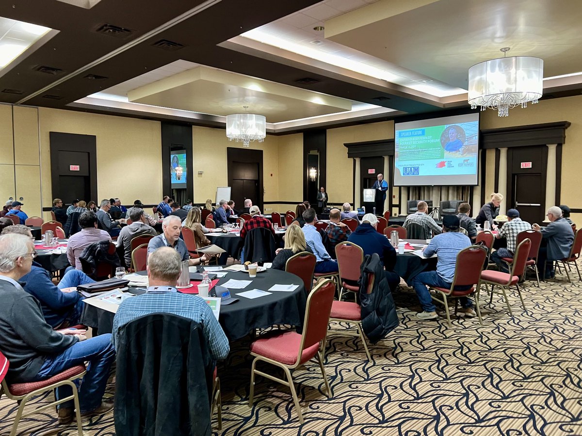 A full room as we get the Feedlot Market Security Forum under way. This event is proudly presented in conjunction with ⁦@ONCornFedBeef⁩ and sponsored by Bio Agri Mix and Merck Animal Health. Looking forward to thoughtful discussion on managing risk in the feedlot sector.
