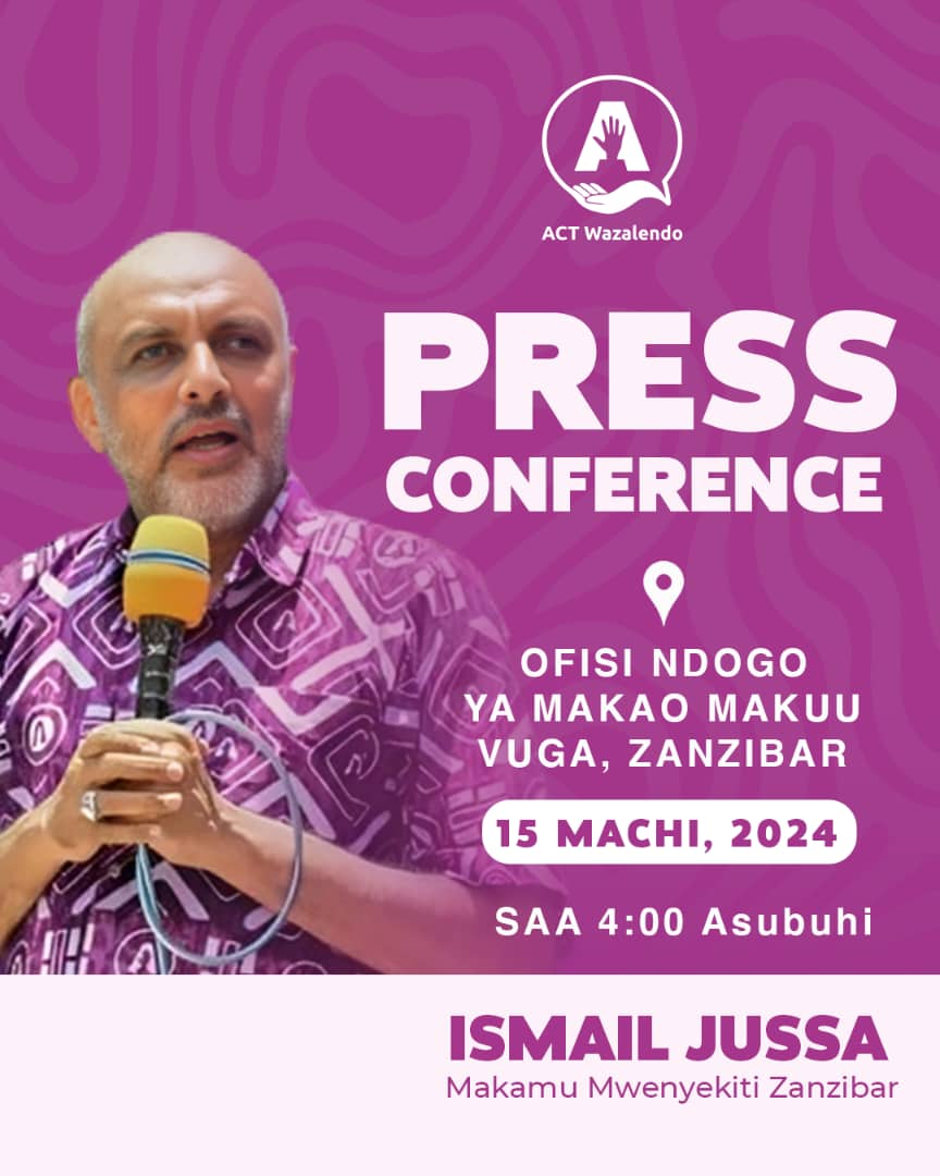 Kesho Ijumaa Machi 15, 2024 nitazungumza na vyombo vya habari kwenye Ofisi Kuu ya @ACTwazalendo Vuga Zanzibar. Muda: 4:00 Asubuhi Mada: Msimamo wa ACT kuhusu Serikali ya Umoja wa Kitaifa Zanzibar #ZanzibarMpya #ZamzibarMoja #MamlakaKamili