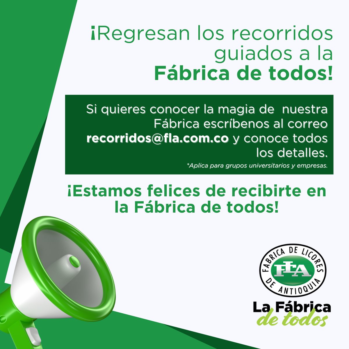 flaenlinea's tweet photo. 😍Regresan los recorridos guiados a la Fábrica de todos

Estamos felices de recibirte 💚

#FLA #LaFábricadeTodos https://t.co/kAqbk0mXCH