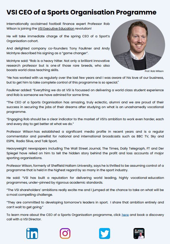 VSI welcome renowned football finance expert @ProfRob_Wilson to the team 🗣️ Rob will take over the programme lead on the CEO of a Sports Organisation. Read below 👇🏻 @fcbusiness @OffThePitch_com #executive #education #business #sport