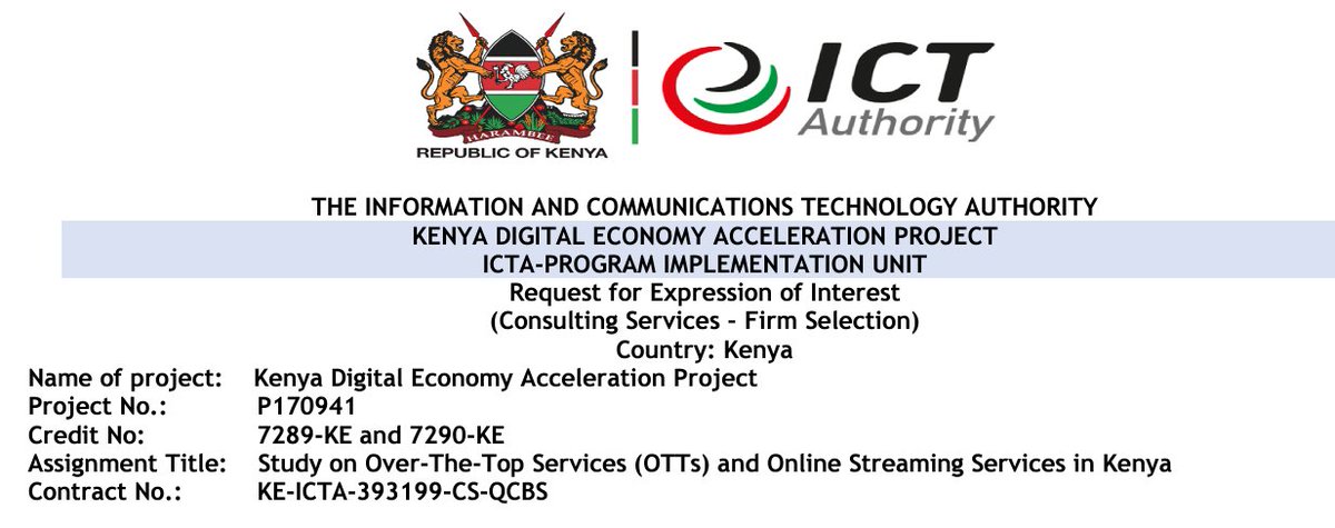 OPPORTUNITY: Consultancy to undertake a study on Over-The-Top Services #OTTs and #OnlineStreaming Services in #Kenya. More details: icta.go.ke/tenders. Deadline: 27 March 2024. #DigitalEconomyKE <a href="/MoICTKenya/">Ministry of Info, Comms & The Digital Economy KE</a> <a href="/CA_Kenya/">Communications Authority of Kenya (CA)</a>