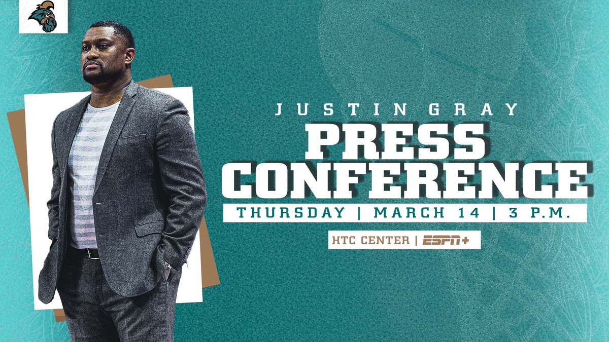 Join us today as we welcome new @CoastalMBB Head Coach @CoachJustinGray to #TEALNATION! 📍: HTC Center 📺: espn.com/watch/player/_…