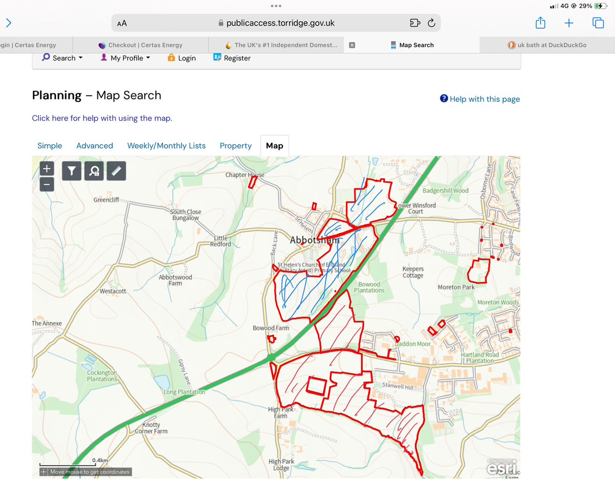 Planning application by <a href="/bigsheepdayout/">The BIG Sheep</a> for a couple of tents … oh yes .. look at the map from planning portal showing red , existing new developments and blue, proposed camping site  licence 🤔🤔🤔 please RT
