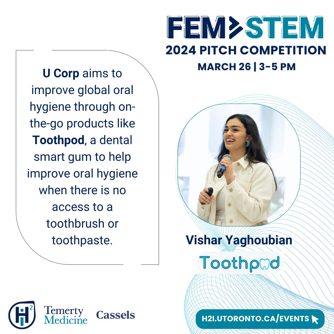 On March 26th, H2i is hosting our 2024 FemSTEM Pitch Competition! As the competition approaches, we're excited to introduce you to our six incredible finalists. First up: U Corp's Toothpod, pitched by Vishar Yaghoubian! Register now to attend: h2i.utoronto.ca/event/femstem-…