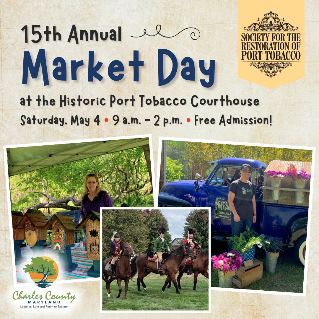 Join the Society for the Restoration of Port Tobacco at the Annual Port Tobacco Market Day on Saturday, May 4 from 9 a.m. to 2 p.m. at the historic Port Tobacco Courthouse. For more information and to register as a vendor, visit bit.ly/32zFQnq.