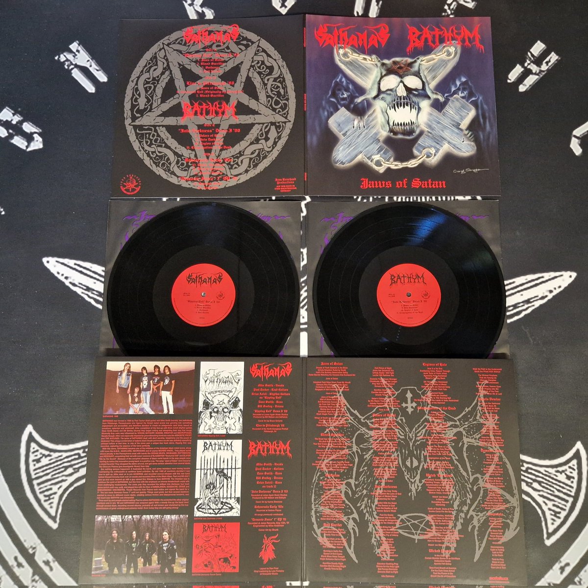 OUT NOW! SATHANAS / BATHYM (U.S.A.) 'Jaws of Satan' 12'Double LP - 350gsm Gatefold Jacket with inside flooded in black and matt varnish - 2x 140g Black Vinyl - Vinyl mastering by Krucyator Studio - Layout restoration by Dan Fried - Licensed from Audioplatter Ltd. - Limited to