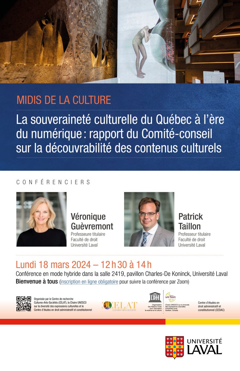 Chaire UNESCO diversité expressions culturelles (@chaireunescodec) on Twitter photo 📢La Chaire UNESCO, <a href="/LeCELAT/">CELAT - Centre de recherche Cultures-Arts-Sociétés</a> et <a href="/CEDAC6/">CEDAC</a>, ont le plaisir d'accueillir <a href="/vguevremont/">Véronique Guèvremont</a> et <a href="/Taillon_Patrick/">Patrick Taillon</a>
le 18 mars prochain pour nous présenter le rapport sur La souveraineté culturelle du Québec à l'ère du numérique. Pour plus de détails : unescodec.chaire.ulaval.ca/fr/midis-de-la… 📢La Chaire UNESCO, <a href="/LeCELAT/">CELAT - Centre de recherche Cultures-Arts-Sociétés</a> et <a href="/CEDAC6/">CEDAC</a>, ont le plaisir d'accueillir <a href="/vguevremont/">Véronique Guèvremont</a> et <a href="/Taillon_Patrick/">Patrick Taillon</a>
le 18 mars prochain pour nous présenter le rapport sur La souveraineté culturelle du Québec à l'ère du numérique. Pour plus de détails : unescodec.chaire.ulaval.ca/fr/midis-de-la…