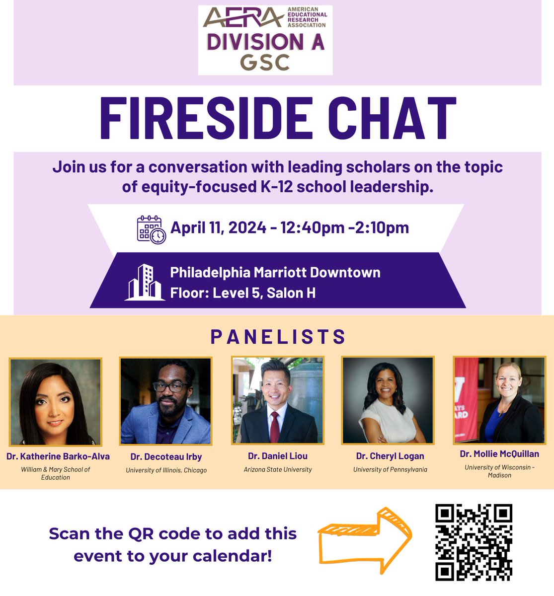 T-1 month to this year's Div A Fireside Chat! We have 5 incredible panelists that will be sharing their equity-focused leadership research and experiences. Scan the QR code to add the event to your calendar, see you soon!