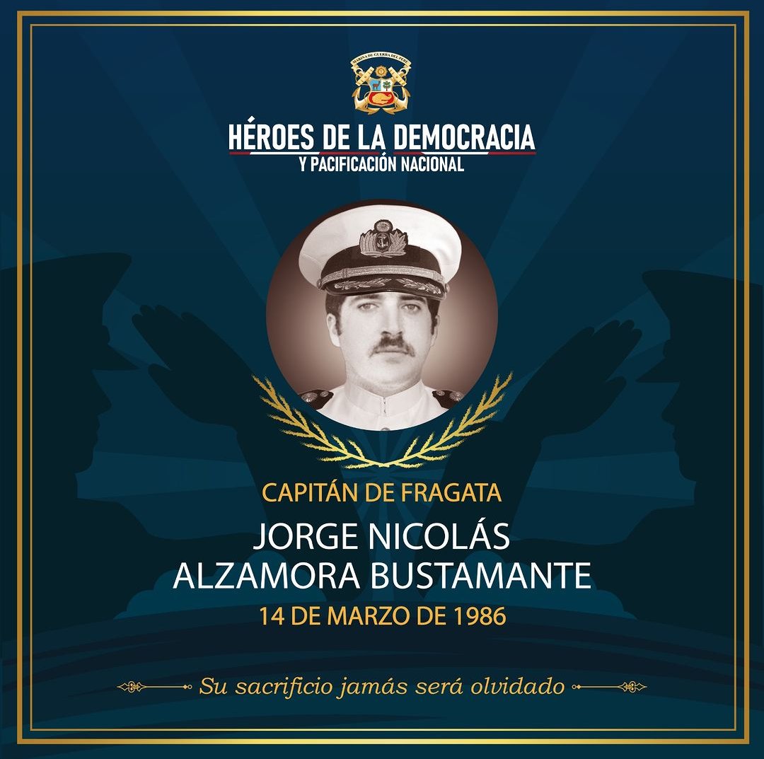 delurens's tweet photo. Hoy rendimos homenaje al CdeF. Jorge Alzamora Bustamante, quien fue asesinado por terroristas, el 14 de marzo de 1986, cuando se dirigía a la Base de Infantería de Marina, en Ancón. Heredando un ejemplo de patriotismo, lealtad y vocación a las futuras generaciones de marinos. BZ. https://t.co/uamSi4Mq82