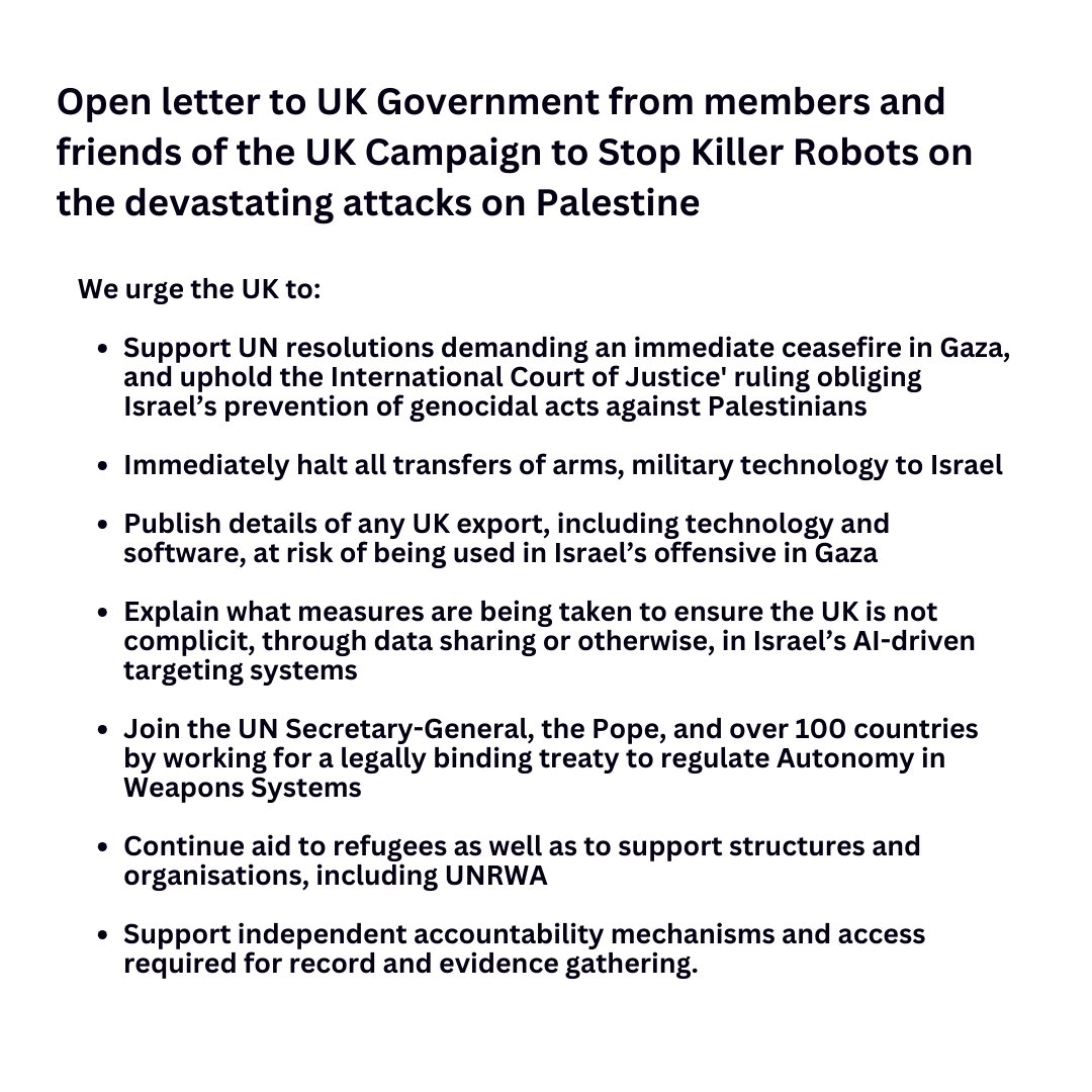 We join members and friends of the UK Campaign to #StopKillerRobots, raising alarm at the use of automated military systems in Gaza - and the UK’s role in supporting Israeli military operations. Read the open letter to the UK Government: ukstopkillerrobots.org.uk/2024/03/14/ope… @uk_robots