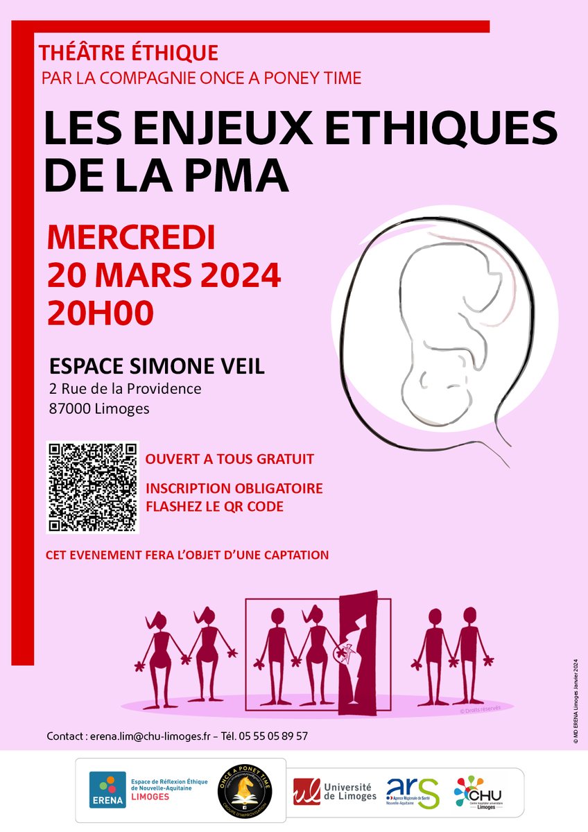 L’Espace de Réflexion Ethique de Nouvelle-Aquitaine organise un théâtre éthique mercredi 20 mars à l’Espace Simone Veil #Limoges : "Les enjeux éthiques de la PMA". Interprété par la compagnie de théâtre d’improvisation Once A Poney Time. Inscriptions 👉ow.ly/A3wJ50QSc5S