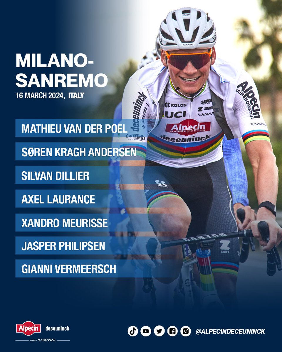 Almost time for the first monument of the season. Two more sleeps until @Milano_Sanremo! We are excited for the return of world champion @mathieuvdpoel 🌈 This is our lineup, with obviously Mathieu as the outspoken leader, surrounded by six strong teammates #alpecindeceuninck