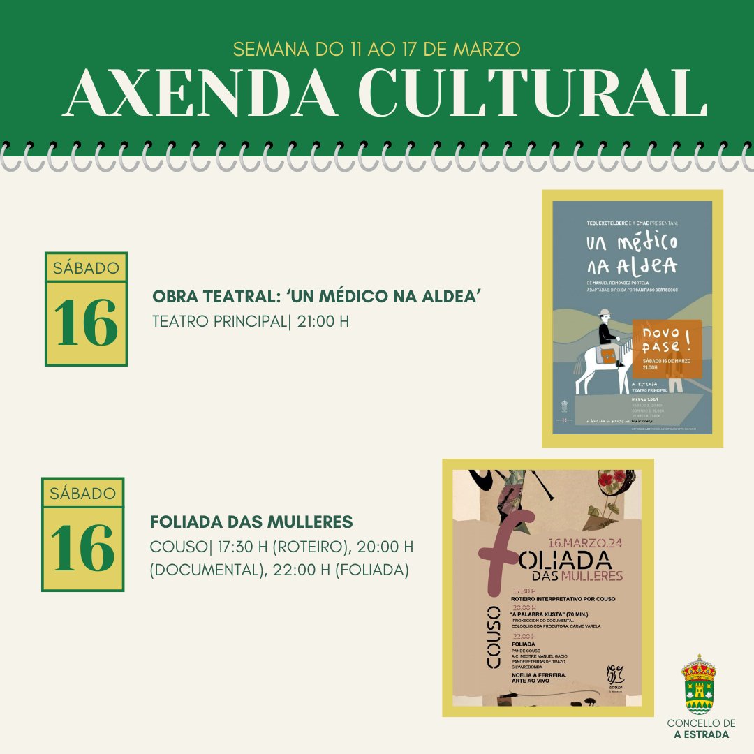 🎭 A obra de teatro 'Un médico na aldea' regresa ao principal este sábado, 16 de marzo! 🙌

💜 Ademais, Couso acollerá a xornada da Foliada das Mulleres, cun roteiro, cinema e moita música! 🎵