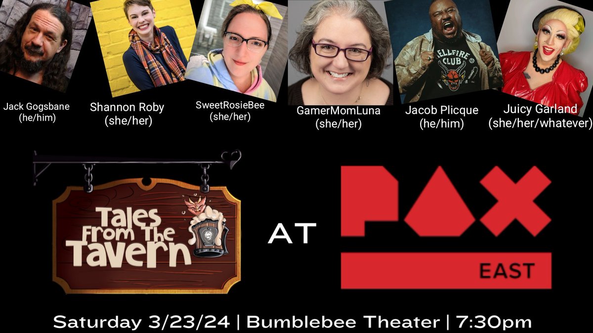 Hey hey #PAXEast attendees! If you like TTRPGs then this is the panel for you! Tales from the Tavern is the panel that we answer YOUR questions for the whole hour!
@JackGogsbane <a href="/sroby25/">Shannon Roby, Nerd Mama</a> <a href="/SweetRosieBee/">SweetRosieBee</a> <a href="/DuvalKingJacob/">Telling stories on the road to...whatever's next.</a> <a href="/JuicyGarland/">Juicy Garland</a> and I will see you there!