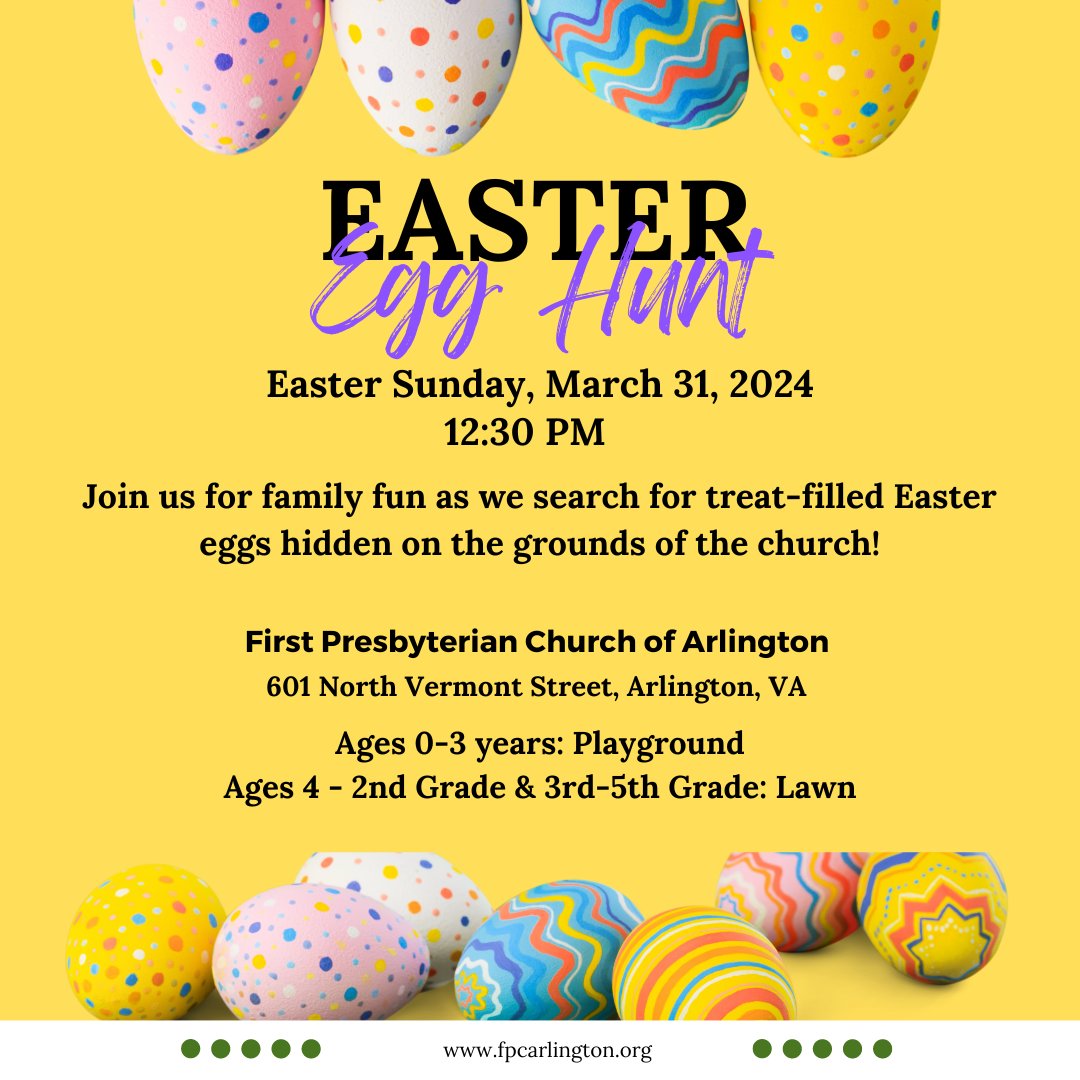 Kids and families are invited to a very special Easter egg hunt on March 31 on the church lawn. Everyone is welcome! Email hannah@fpcarlington.org to learn more.