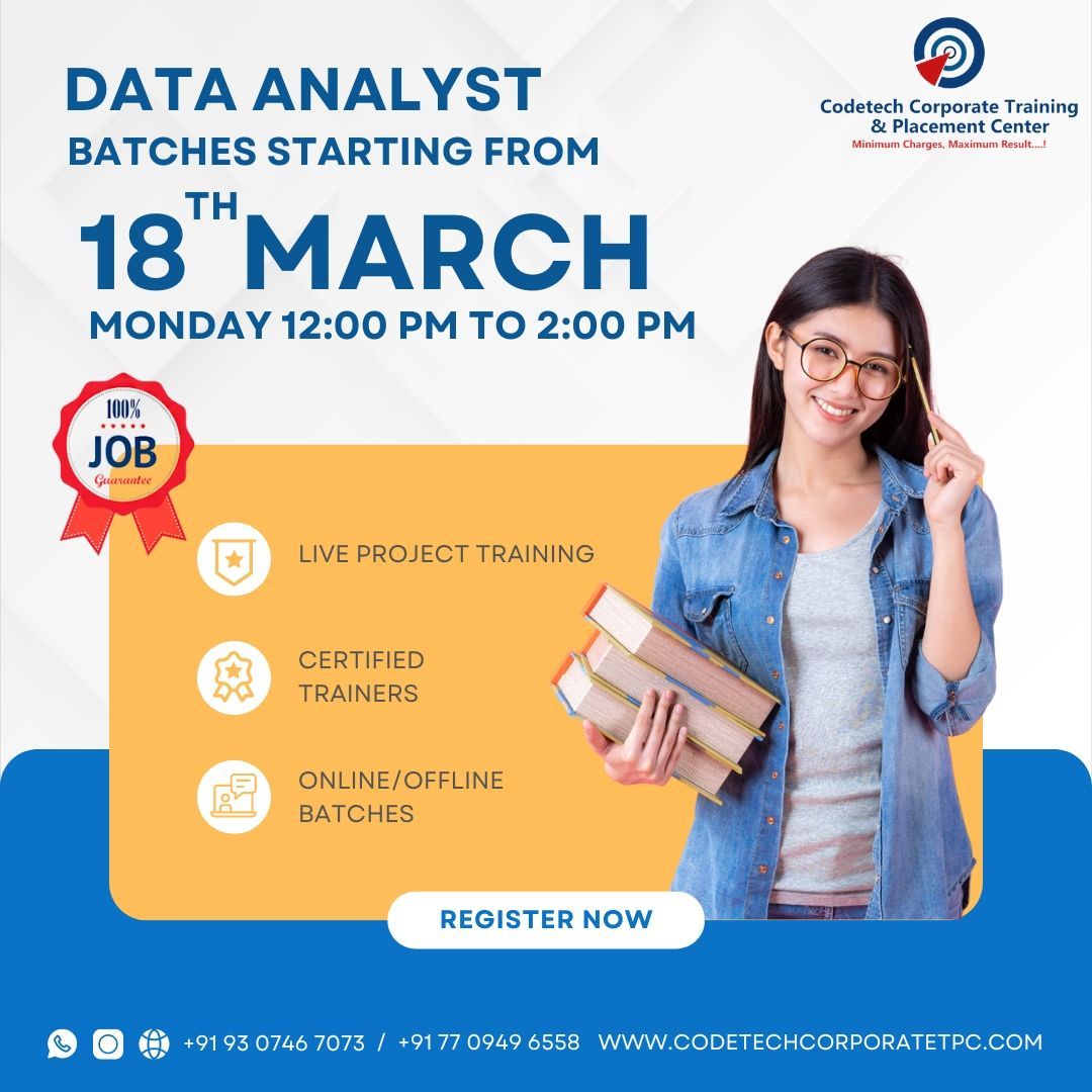 Codetechtpc's tweet image. Join our upcoming Data Analyst batches starting from 18th March and book a free demo lecture to experience our top-notch training program. Don&apos;t miss this opportunity to kickstart your journey in the field of data science. Sign up now!

#datascience #ML #AI #IT #ITtraining