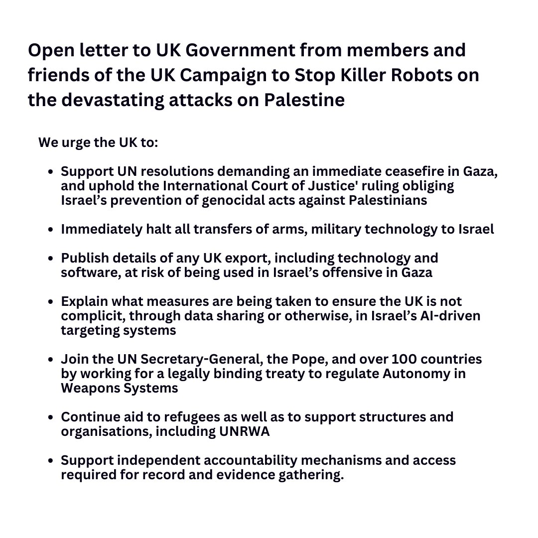 We join members and friends of the UK Campaign to #StopKillerRobots, raising alarm at the use of automated military systems in Gaza - and the British government's role in supporting Israeli military operations.  #CeasefireNow

Read the open letter: ukstopkillerrobots.org.uk/2024/03/14/ope…