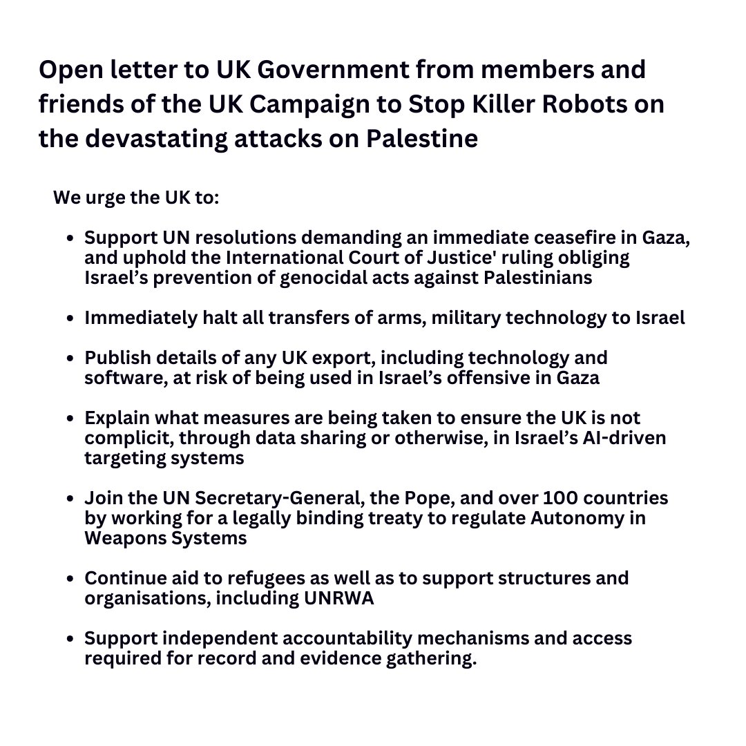 We join members and friends of the UK Campaign to #StopKillerRobots, raising alarm at the use of automated military systems in Gaza - and the British government's role in supporting Israeli military operations. #CeasefireNow Read the open letter: ukstopkillerrobots.org.uk/2024/03/14/ope…