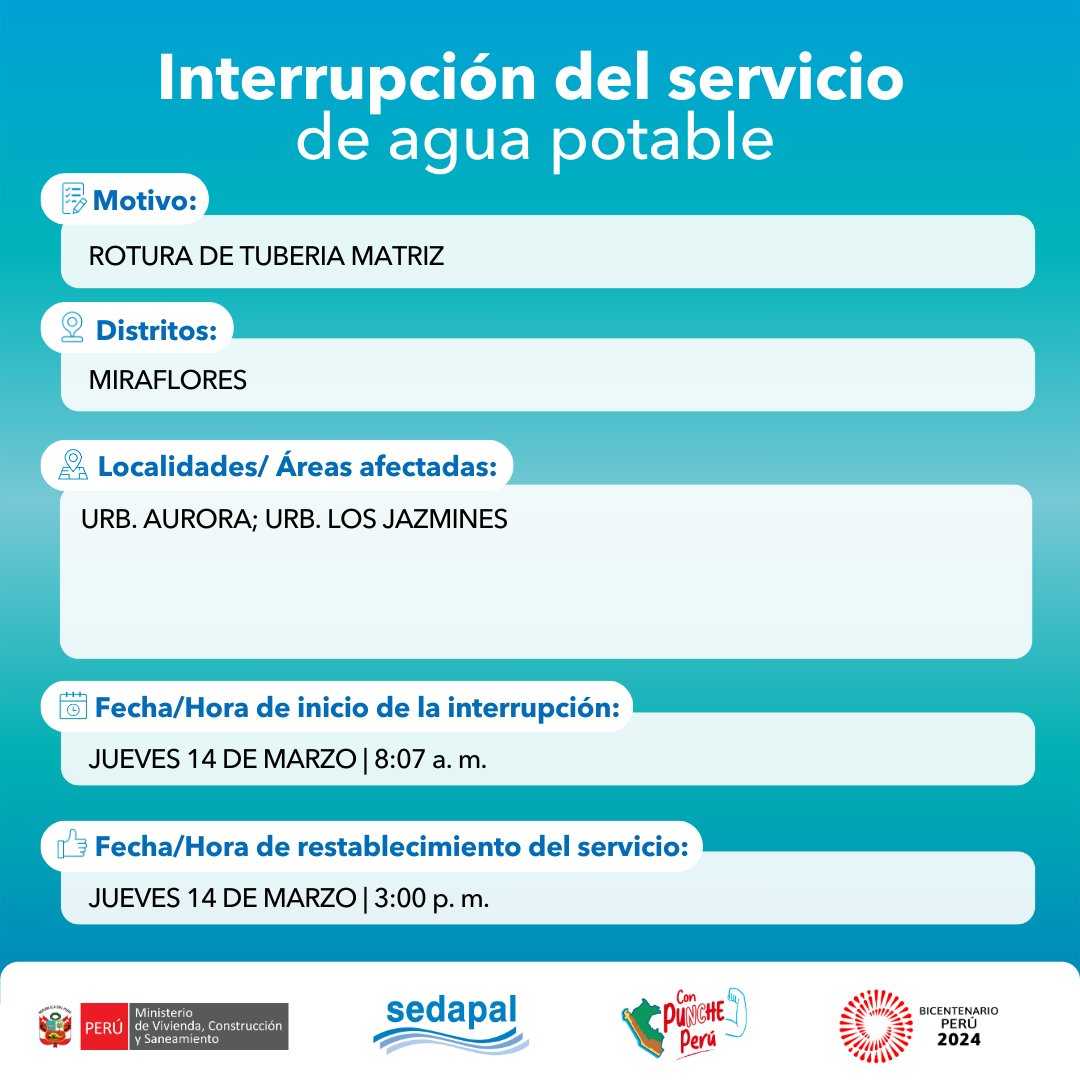 🚨 #LoÚltimo | ¡#MIRAFLORES! #Sedapal atiende una emergencia en tu distrito. Trabajamos para mejorar la calidad de vida de los ciudadanos de #Lima y #Callao.  #InterrupciónDelServicio #Ahora #Actualidad