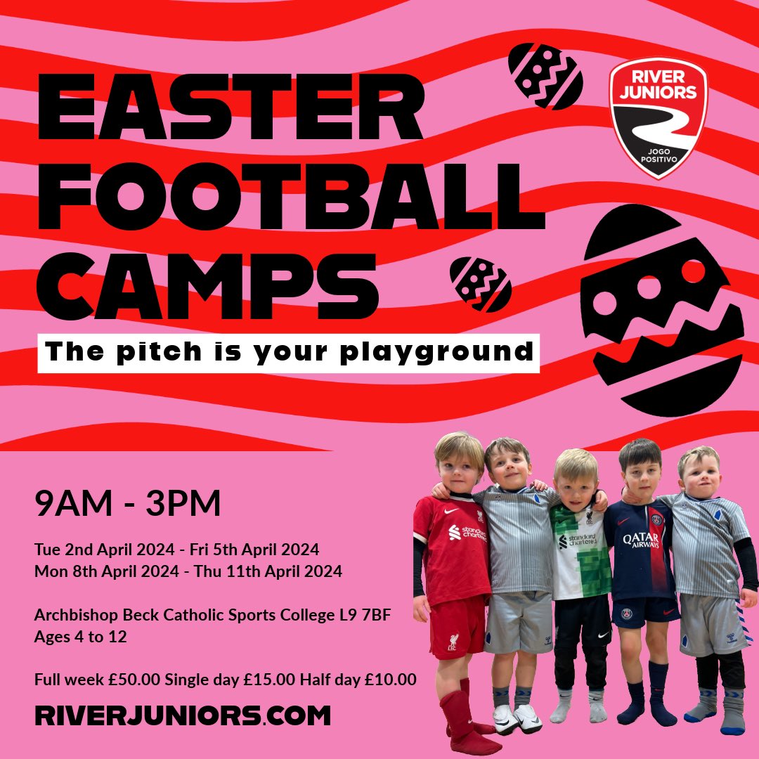 EASTER FOOTBALL CAMPS. 🐣⚽️ (4 - 12yrs) Archbishop Beck Catholic Sports College Week 1 Tue 2nd April 2024 - Fri 5th April 2024 Week 2 Mon 8th April 2024 - Thu 11th April 2024 Sibling Discount available Non River Players welcome FREE early drop off. river-juniors.classforkids.io/camps