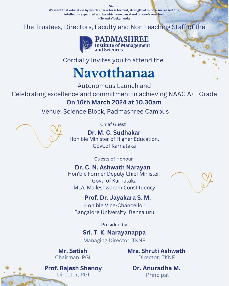 pimsbangalore's tweet photo. 🎉 Exciting News! 🎉
Thrilled to announce that after achieving NAAC A++ accreditation, Padmashree Institute of Management & Sciences has been granted Autonomous Status by UGC, Govt. of Karnataka, & Bangalore University for 10 Years 🚀 #AutonomousStatus #Excellence #ProudMoment https://t.co/h83QxCOYLQ
