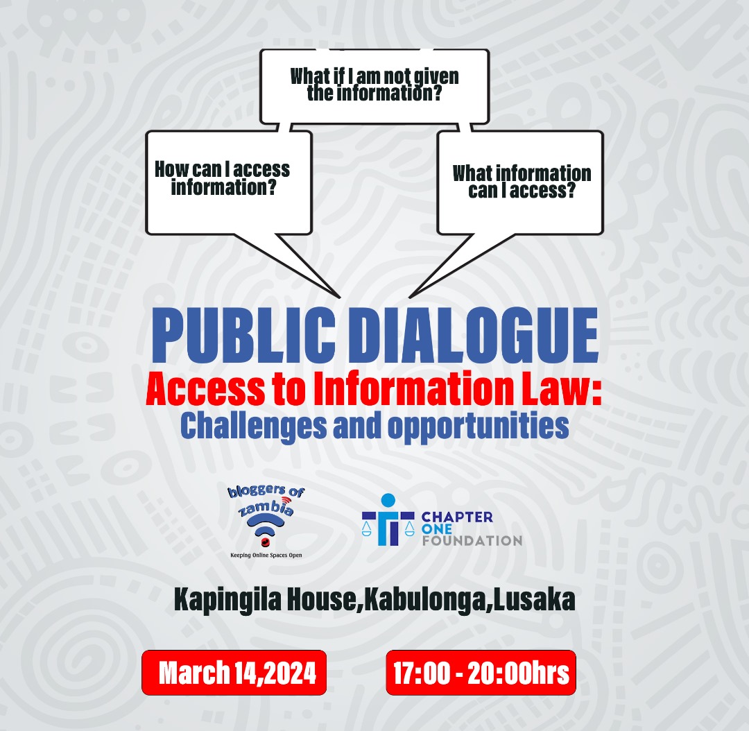 Please join @CofZambia and @zambloggers for a public discussion on the Access to Information Act today from 17hrs - 20hrs at Kapingila House. All are welcome!