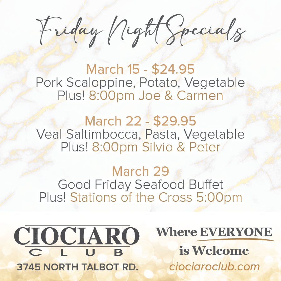 Join us Ciociaro Club of Windsor Inc. for our Friday Night Specials and LIVE ENTERTAINMENT at 8:00pm. See our full list here. ciociaroclub.com/dining-67/frid… Reserve your table! 519-737-6153