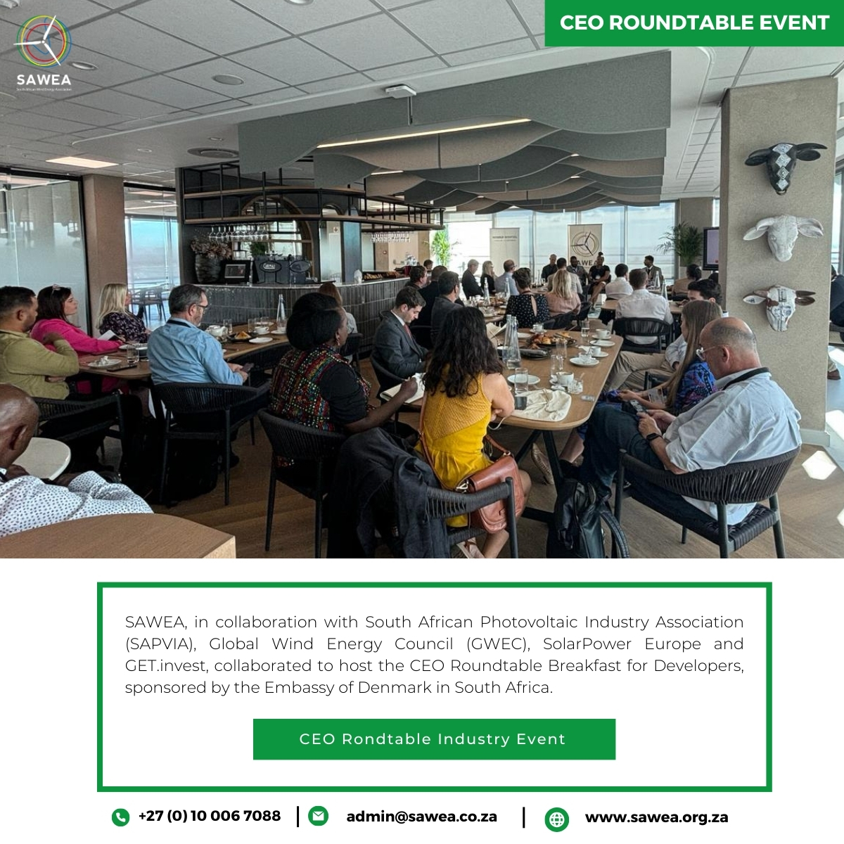 _sawea's tweet photo. Last week we co-hosted the CEO Roundtable Breakfast for Local Developers, with @SAPVIA. We connected, exchanged knowledge and heard from our incredible industry experts.

Thank you to our sponsor, Embassy of Denmark in SA.

#RenewableEnergy #Networking #LocalDevelopers https://t.co/ocETiOGdsx