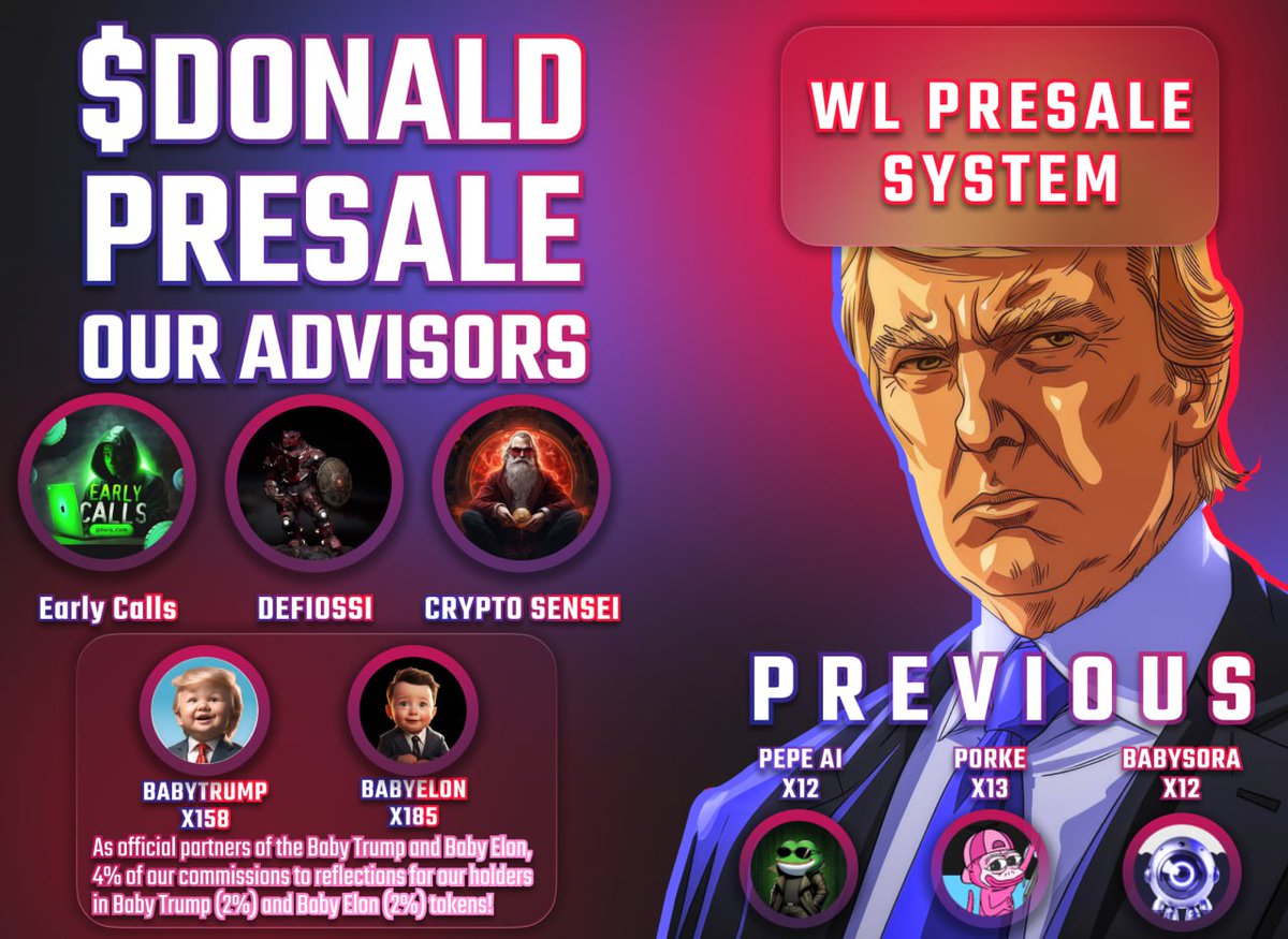 Hard Cap 120 BNB
Max Buy 0.4 BNB

TG t.me/DONALD_PORTAL_…
X x.com/Donald_Bsc
Web donaldbsc.lol