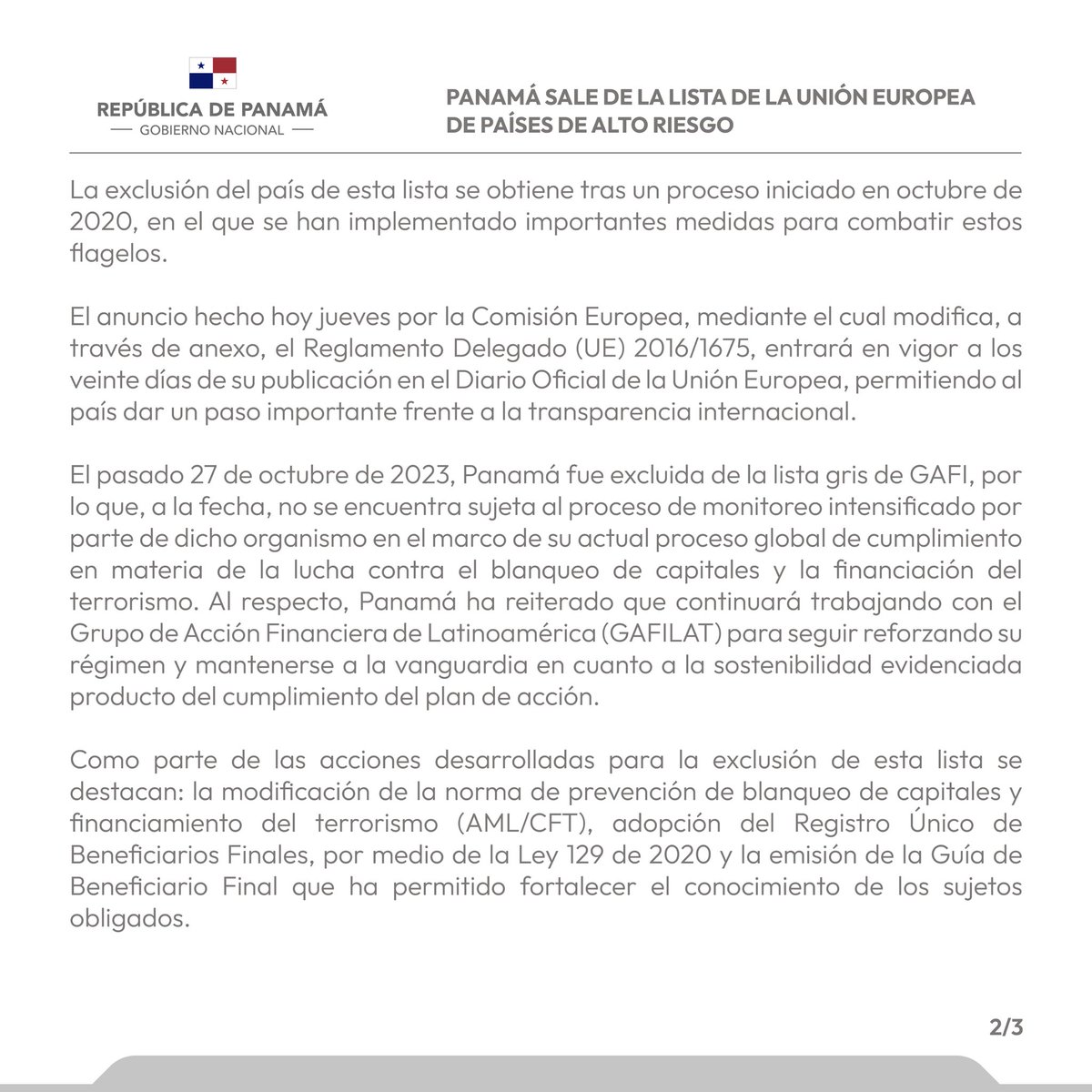 El presidente Laurentino @NitoCortizo anunció que Panamá ha salido de la lista de países de alto riesgo de la Unión Europea, 'dado los progresos presentados en la prevención del blanqueo de capitales y el financiamiento del terrorismo'. #TReporta twitter.com/NitoCortizo/st…