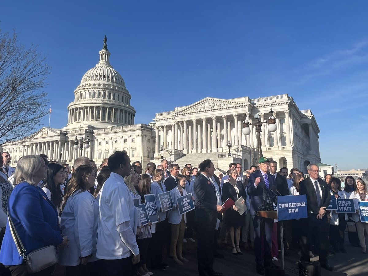 Senate Finance Committee leaders Mike Crapo and Ron Wyden rallied with pharmacists on a lovely spring morning at the Capitol this morning to push for PBM reform by March 22.