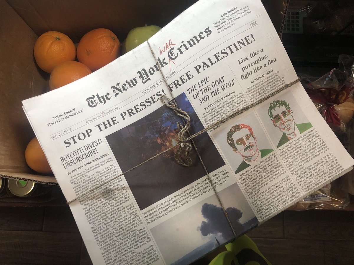 While the @nytimes was having trouble with its morning deliveries, newsboys (of all genders) were distributing copies of the New York (War) Crimes, an alternative broadsheet by and for the movement. What the Times won’t print—the truths of Palestine—you’ll find here.