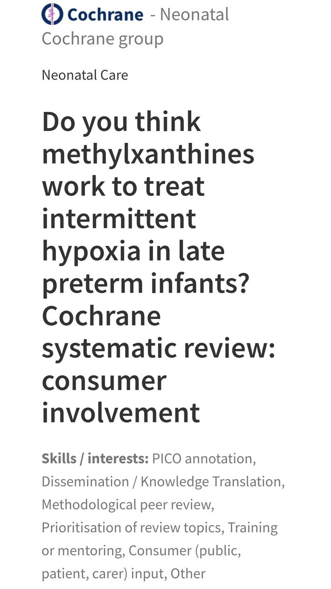 We need help in this Cochrane review. As parents or healthcare professional, we invite you to participate by answering this brief question to know your thoughts and concerns about this therapy in late preterm infants. engage.cochrane.org/tasks/3410