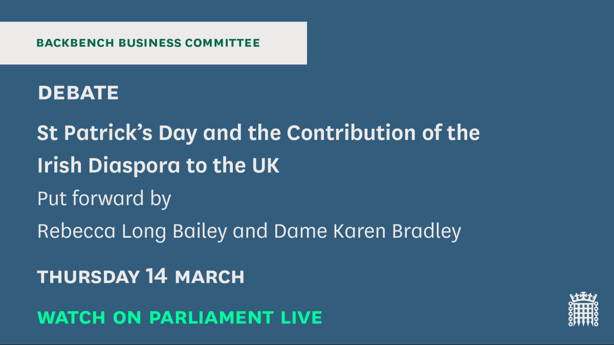 In Westminster Hall, MPs are holding a debate on #StPatricksDay and the contribution of the Irish diaspora to the UK 🍀 🇮🇪 📗Read the @commonslibrary debate pack: commonslibrary.parliament.uk/research-brief… Watch on Parliament live📺 parliamentlive.tv/Event/Index/6a…..