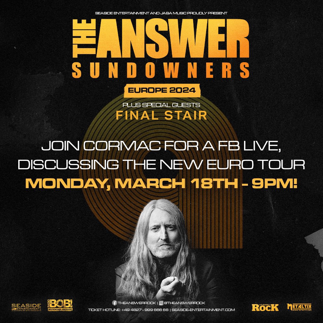 The Answer (@theanswerrocks) on Twitter photo Come and Join our Cormac Monday 18th 9pm UK time on Facebook @theanswerock
Tour chat! Any song requests for the euro tour?
We can’t wait for..
Cheers rockers! Keep ‘er Lit ! <a href="/PlanetRockRadio/">Planet Rock</a> @radio_bob #livemusic #FacebookLive Come and Join our Cormac Monday 18th 9pm UK time on Facebook @theanswerock
Tour chat! Any song requests for the euro tour?
We can’t wait for..
Cheers rockers! Keep ‘er Lit ! <a href="/PlanetRockRadio/">Planet Rock</a> @radio_bob #livemusic #FacebookLive