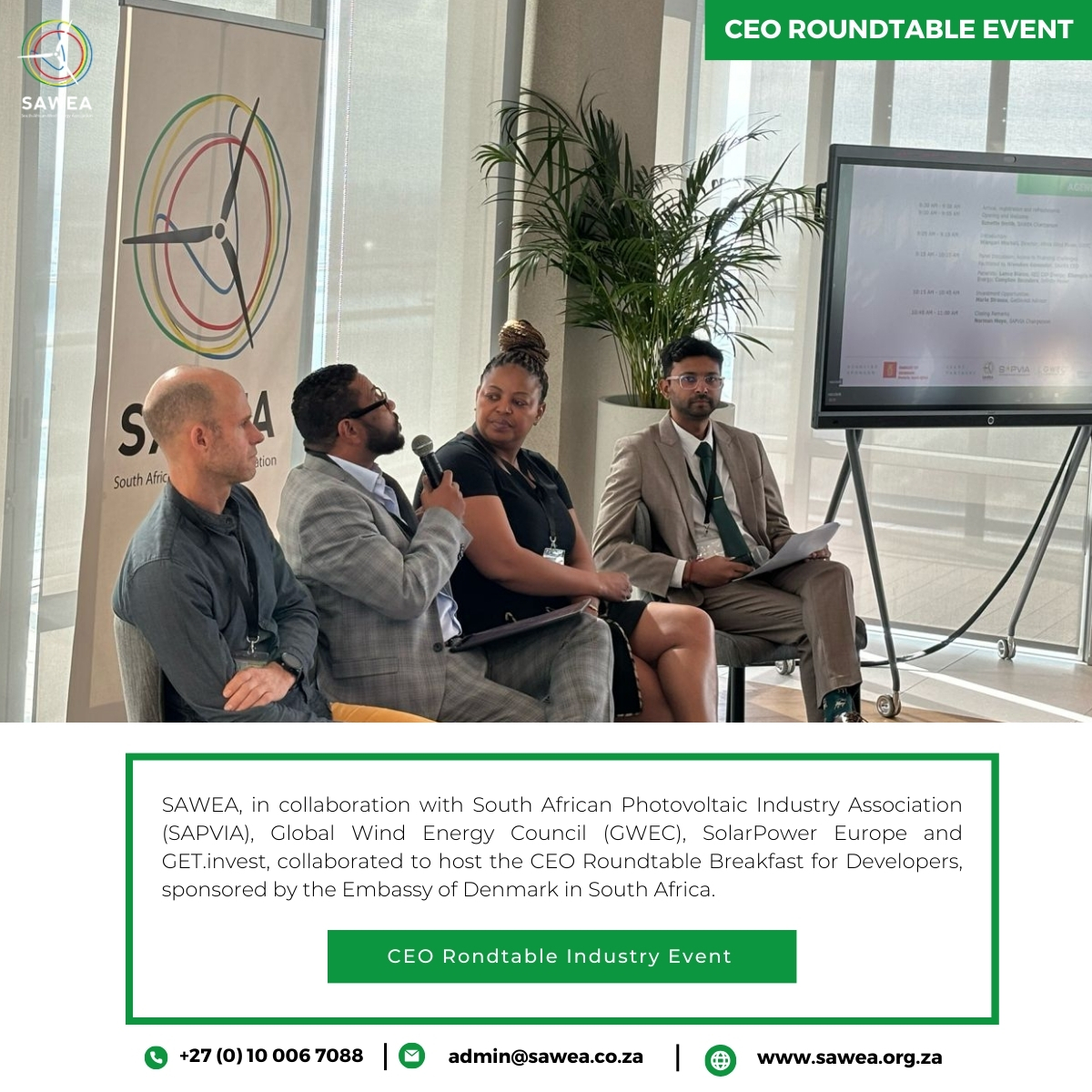 _sawea's tweet photo. Last week we co-hosted the CEO Roundtable Breakfast for Local Developers, with @SAPVIA. We connected, exchanged knowledge and heard from our incredible industry experts.

Thank you to our sponsor, Embassy of Denmark in SA.

#RenewableEnergy #Networking #LocalDevelopers https://t.co/esitgbuh5C