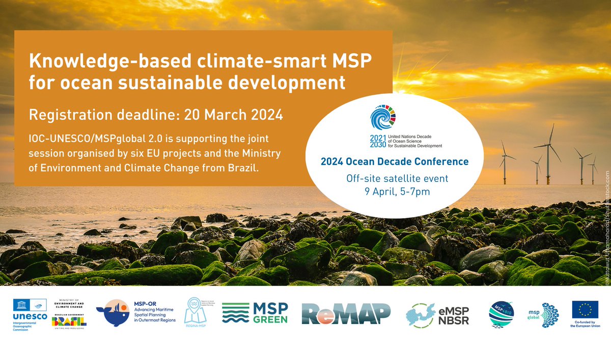🌊Climate-smart MSP is one of the main pillars of the #MSProadmap. 🇪🇸If you want to contribute to the discussions around climate-smart MSP and are also participating in the 2024 @UNOceanDecade conference in Barcelona, you can register for this session: tinyurl.com/ye2949kb