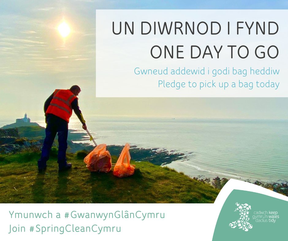 One day to go! The environment belongs to everyone, so help us to tackle litter on our streets, green spaces and beaches this #SpringCleanCymru between 15 – 31 March 💚 Be a #Litter Hero and pledge to pick up a bag – or more – today > bit.ly/3wxe8dd #CaruCymru
