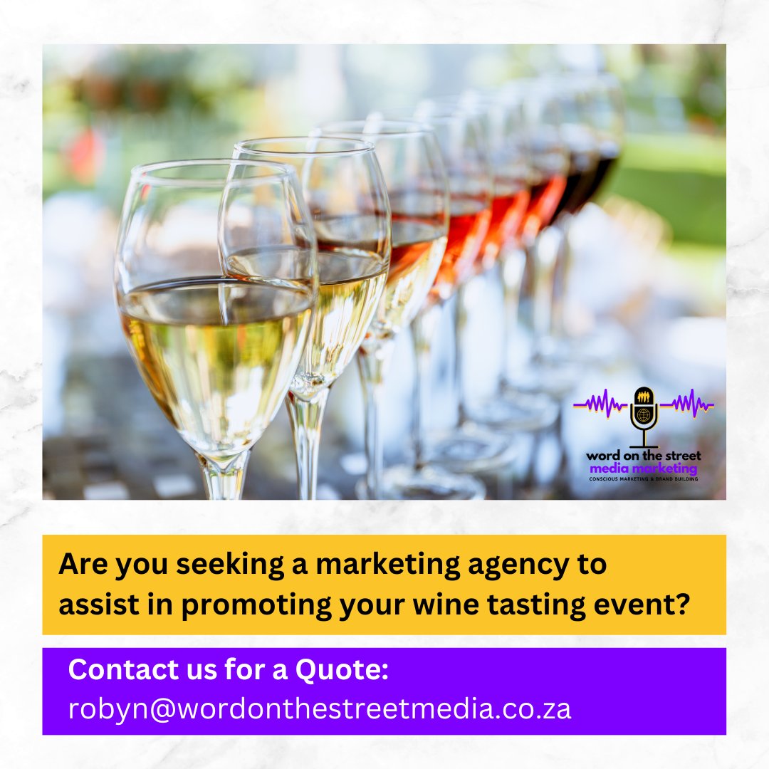 Are you looking to make your #WineDay event a success? @WOTSMedia can organise Wine Tasting Events anywhere in #CapeTown. With our #marketingexpertise, we'll help you reach more people & generate buzz around your #event. Contact us today at +27 64 135 9719. #WordOnTheStreetMedia