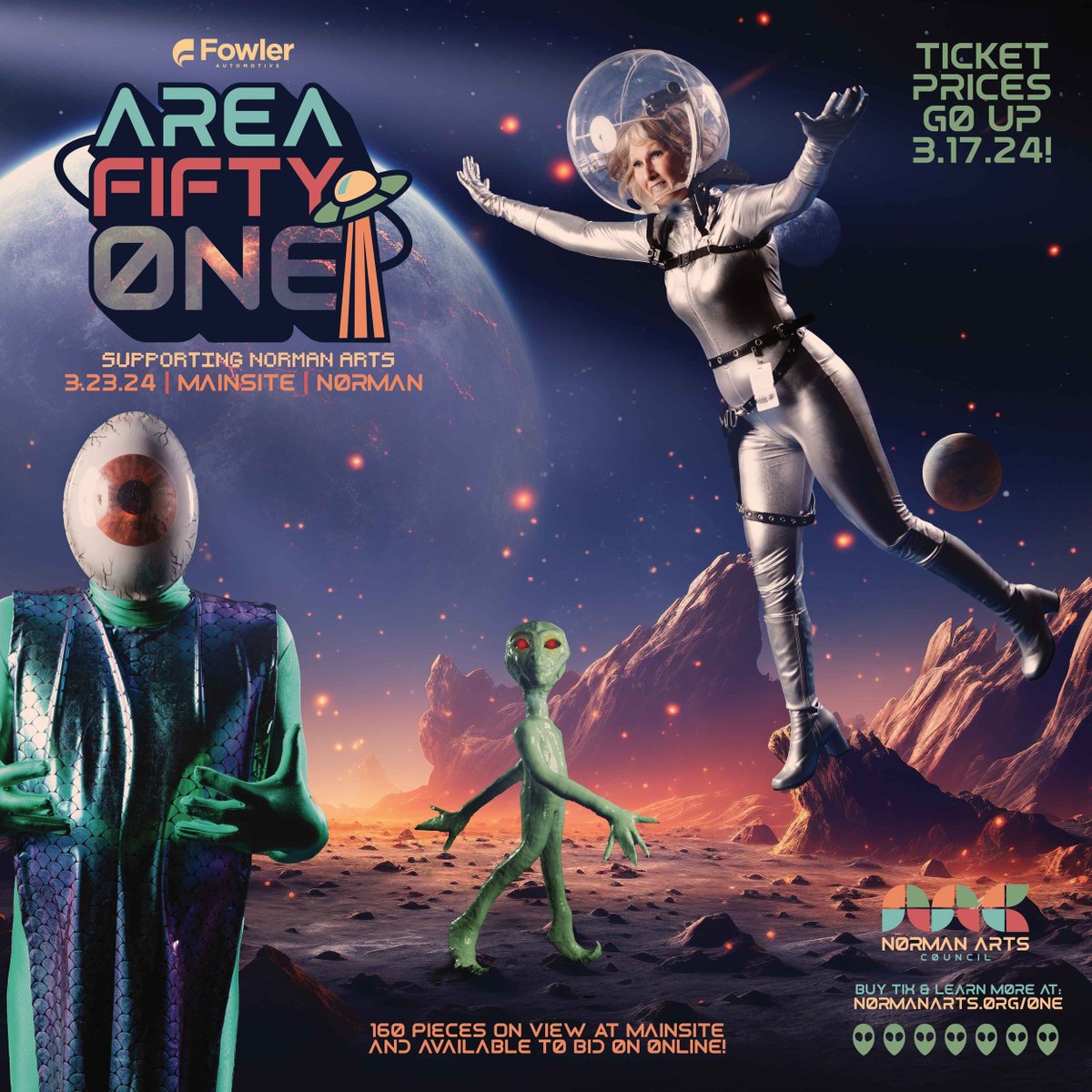 Don't let your last chance for a discount on Area fiftyONE tickets float on by! 👩‍🚀 Prices go up on Sunday, so secure your boarding pass to our arts fundraiser party (happening on 3.23) today at: loom.ly/WxGPCrQ And you can bid on ONE art at: loom.ly/b2KhmOw