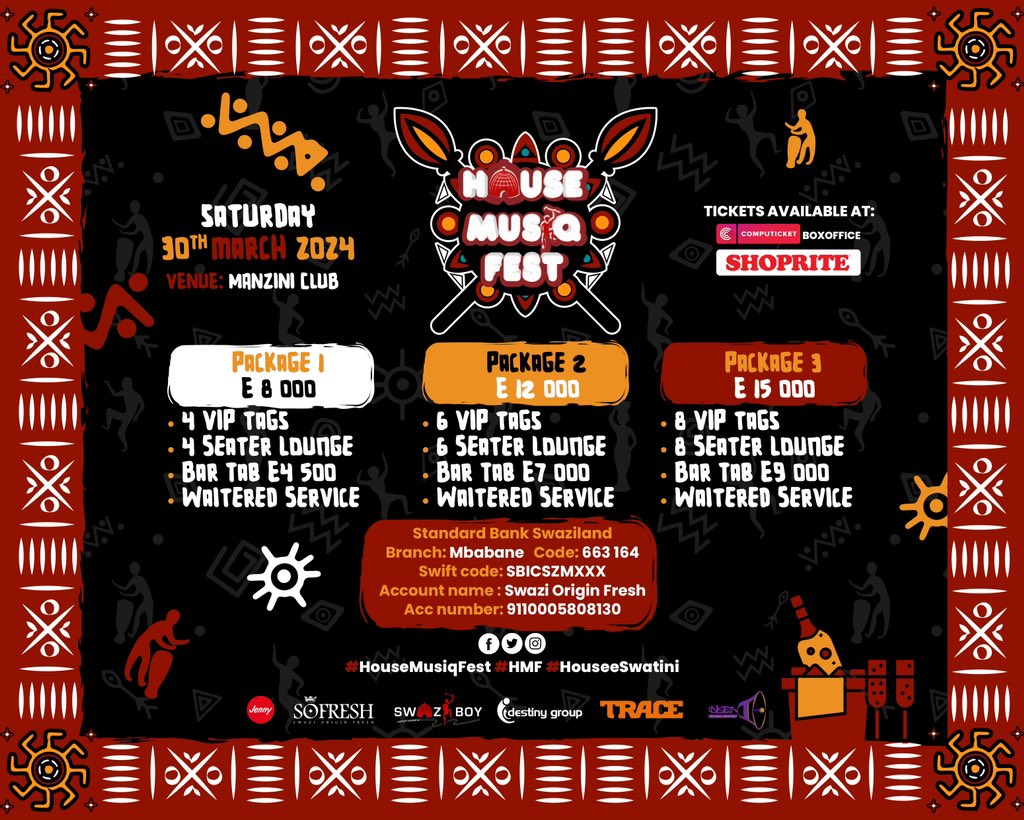 SwaziBoy_Ent's tweet photo. Hey good music lovers. HMF is offering special packages to you at different prices.
Tag your squad along and get yourselves a package fit for you!
Join us for a day to remember on March 30 at Manzini Club.
#housemusiqfest #hmf24 #housemusiceswatini
#roadtohmf24 https://t.co/GfMmLCrVkh