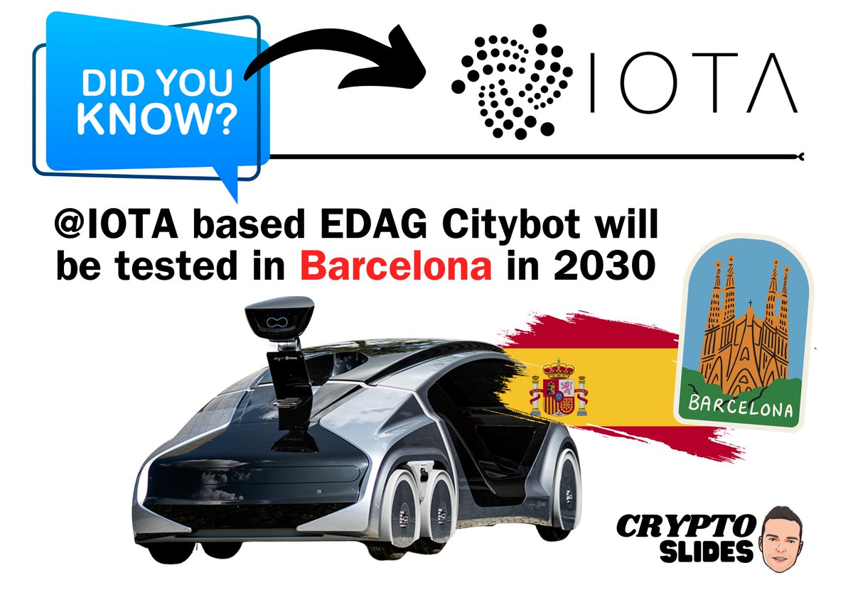 crypto_slides's tweet image. 📢Did you know? @IOTA based #EDAG Citybot will start a testphase in #barcelona in the year 2030🇪🇸! At the moment tests are running in #frankfurt (GER). We need to wait a bit, but #RWA & #IOTA matching seems to become true! #iota $IOTA Source: t.ly/wtvoG