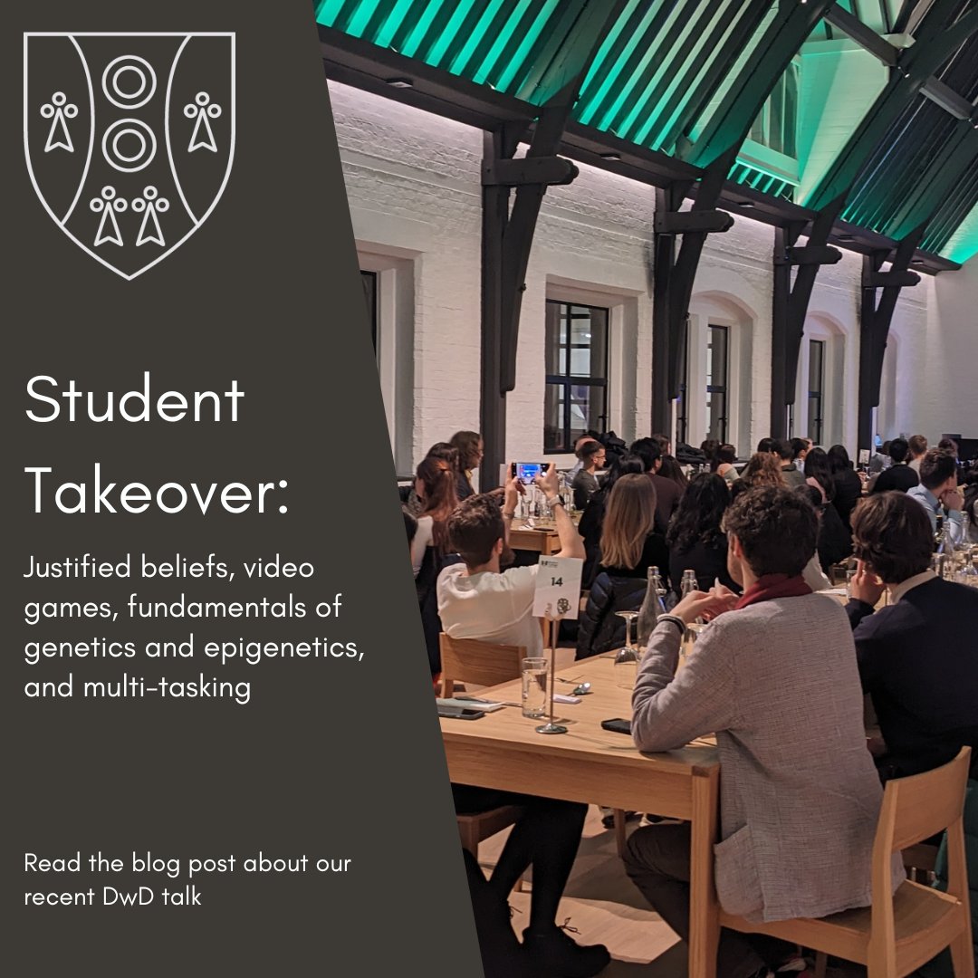 Q: What do video games, genetics, beliefs and multitasking have in common? A: They are the topics of the talks given at this term's student takeover! Read more here: reuben.ox.ac.uk/article/dining… #reubenevents #studenttakeover #diningwithdinosaurs #reubenblog