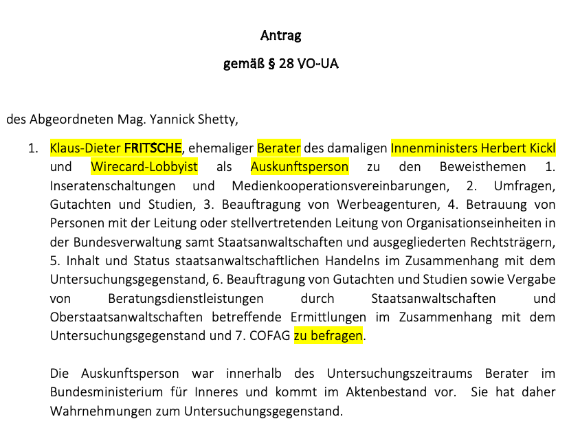 Wir haben heute - gegen die Stimmen von FPÖ und SPÖ - den Wirecard-Lobbyisten und Kickl-Berater als Auskunftsperson in den U-Ausschuss geladen.

Wir werden nun die Russland-Connections der österreichischen Politik genau unter die Lupe nehmen.

#UAusschuss